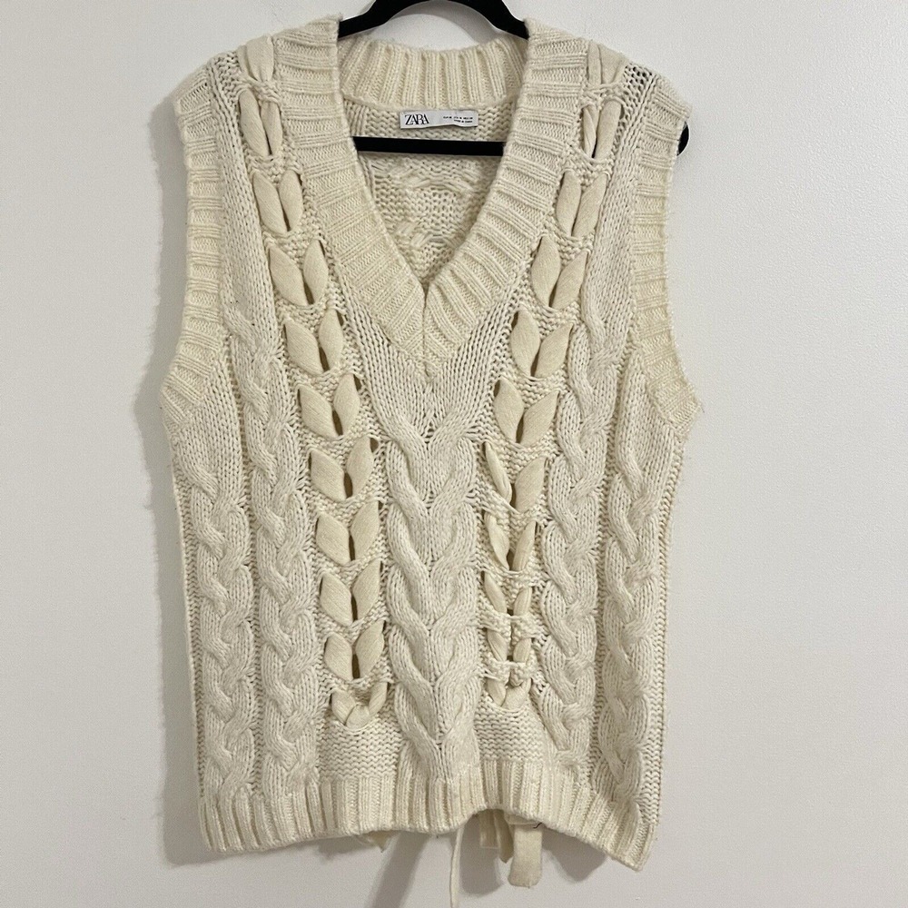 Zara Chunky Knit Vest Size M Ivory Grandpa Cableknit Y2K Preppy Academia Layer